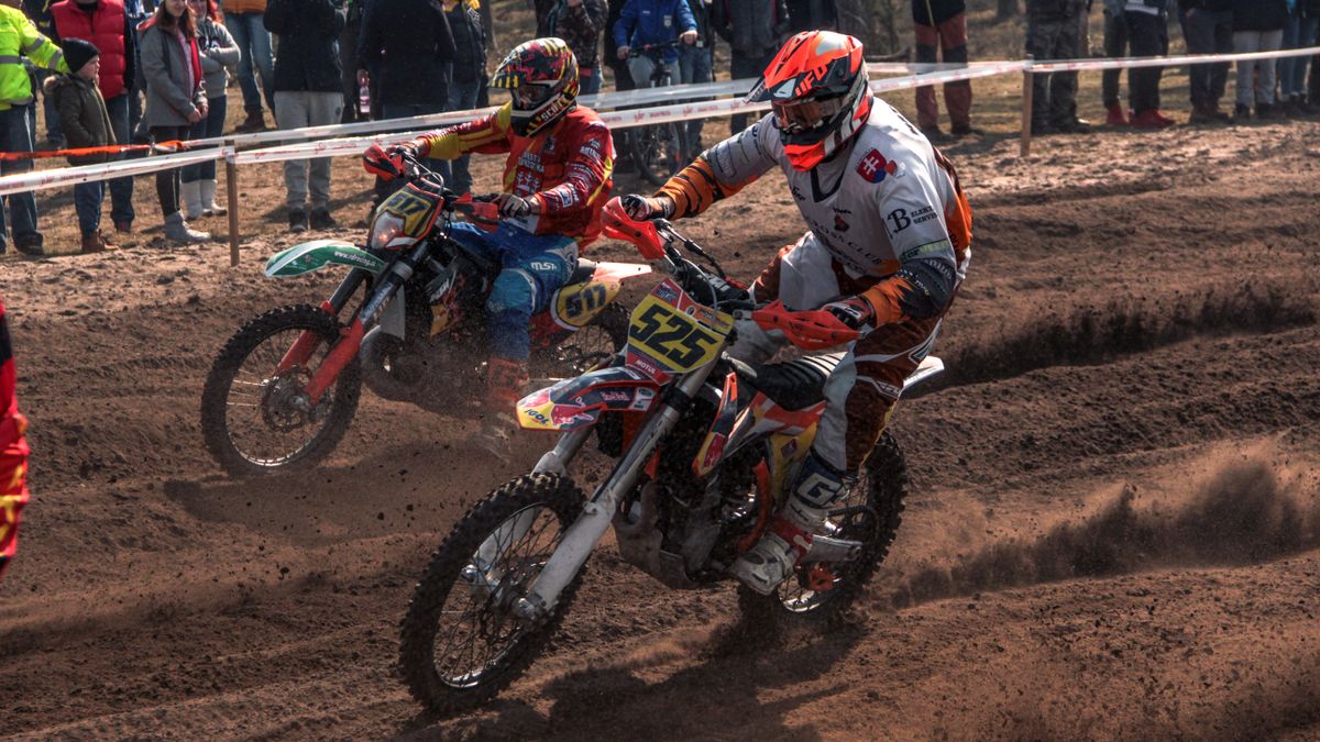 Dynamic motocross race capturing intense competition and speed in Slovakia.
