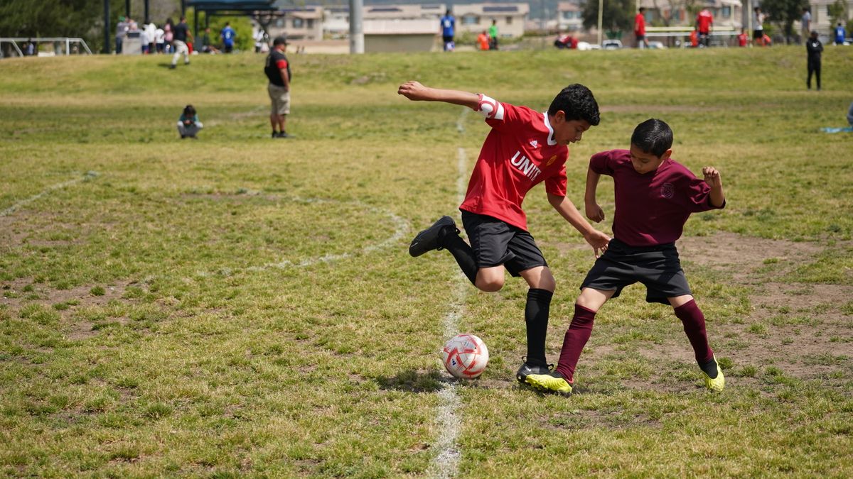 Two young boys engaged in a competitive soccer game on a grassy field during the day.