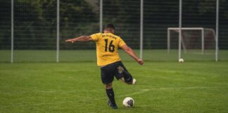 Back view of a football player in yellow jersey kicking a ball on a grass field.