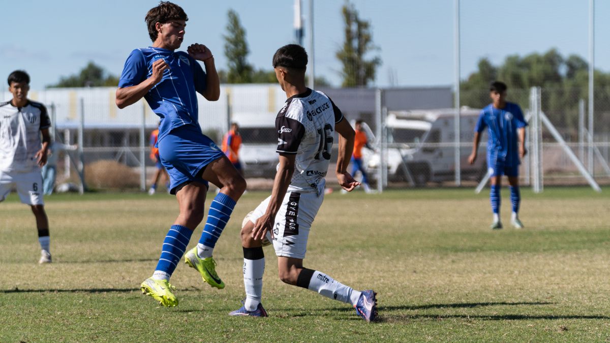 Players in blue and white uniforms compete fiercely during a sunny outdoor soccer match.