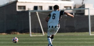 Soccer player in action, wearing number 6 jersey on a green field preparing to kick the ball.