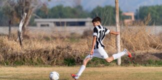 Energetic youth soccer player in striped jersey skillfully kicking the ball on a grassy field.