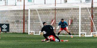 Action-packed football scene with players and a goalkeeper on green field.