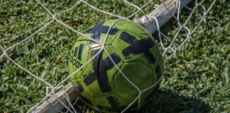 Bright green soccer ball stuck in a net on a grassy field in sunlight.