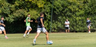 Group of male soccer players practicing on a sunny outdoor field with lush green background.