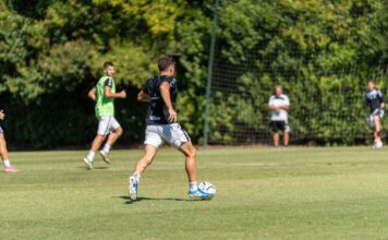 Group of male soccer players practicing on a sunny outdoor field with lush green background.