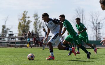 Action-packed soccer game with players in green and white on grassy field.