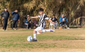 Young soccer player in action kicking the ball during a match with spectators in the background.