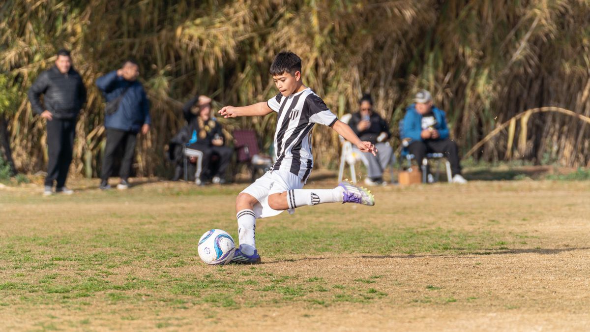 Young soccer player in action kicking the ball during a match with spectators in the background. Young soccer player in action kicking the ball during a match with spectators in the background.