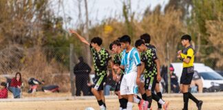Youth soccer players and referee during a match on a grass field, showcasing teamwork.