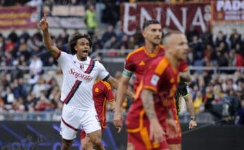 serie a tim 2023 2024: roma vs bolognal’esultanza di joshua zi